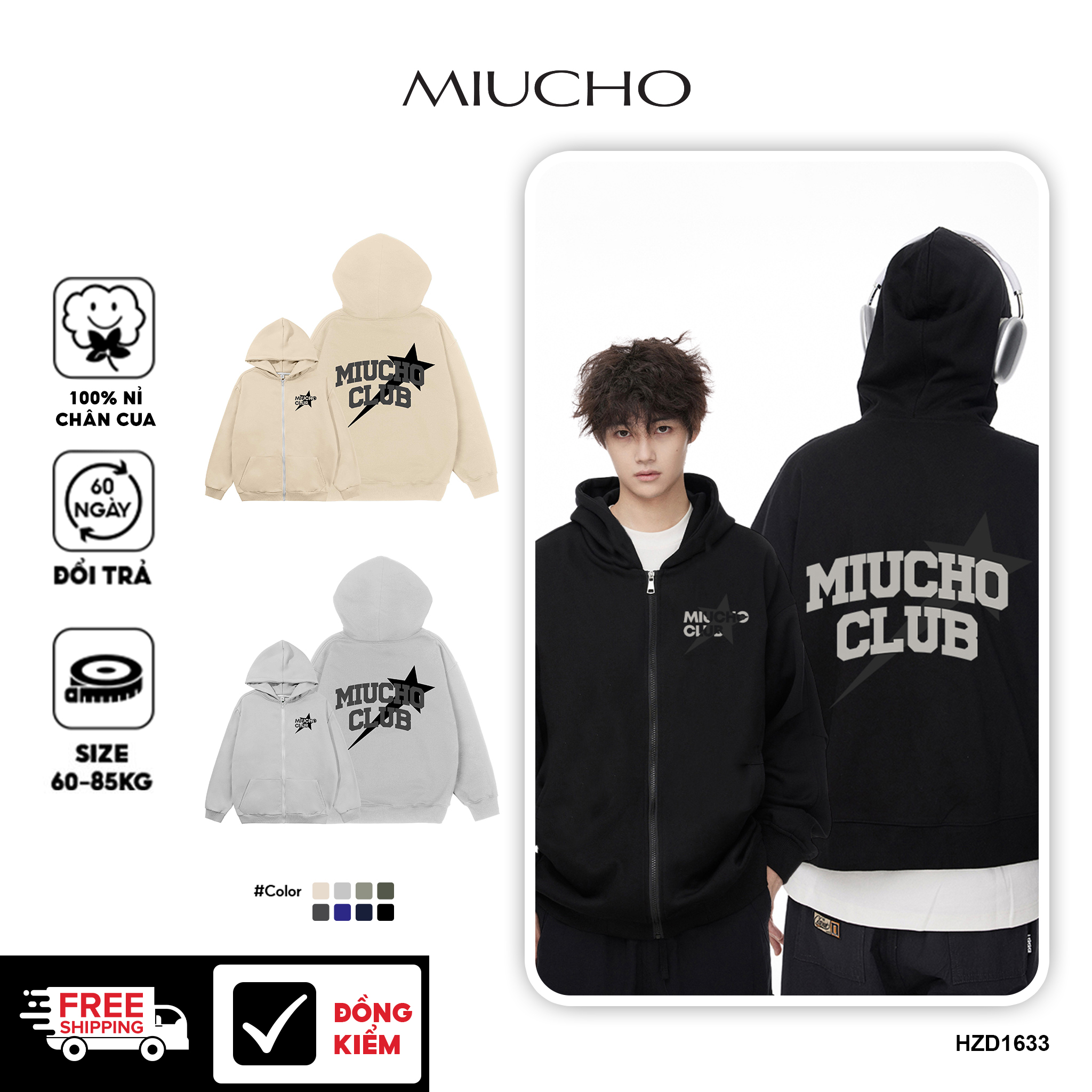 Áo hoodie zip local brand form rộng vải ni dày dặn HZD1633 Miucho Club in mix