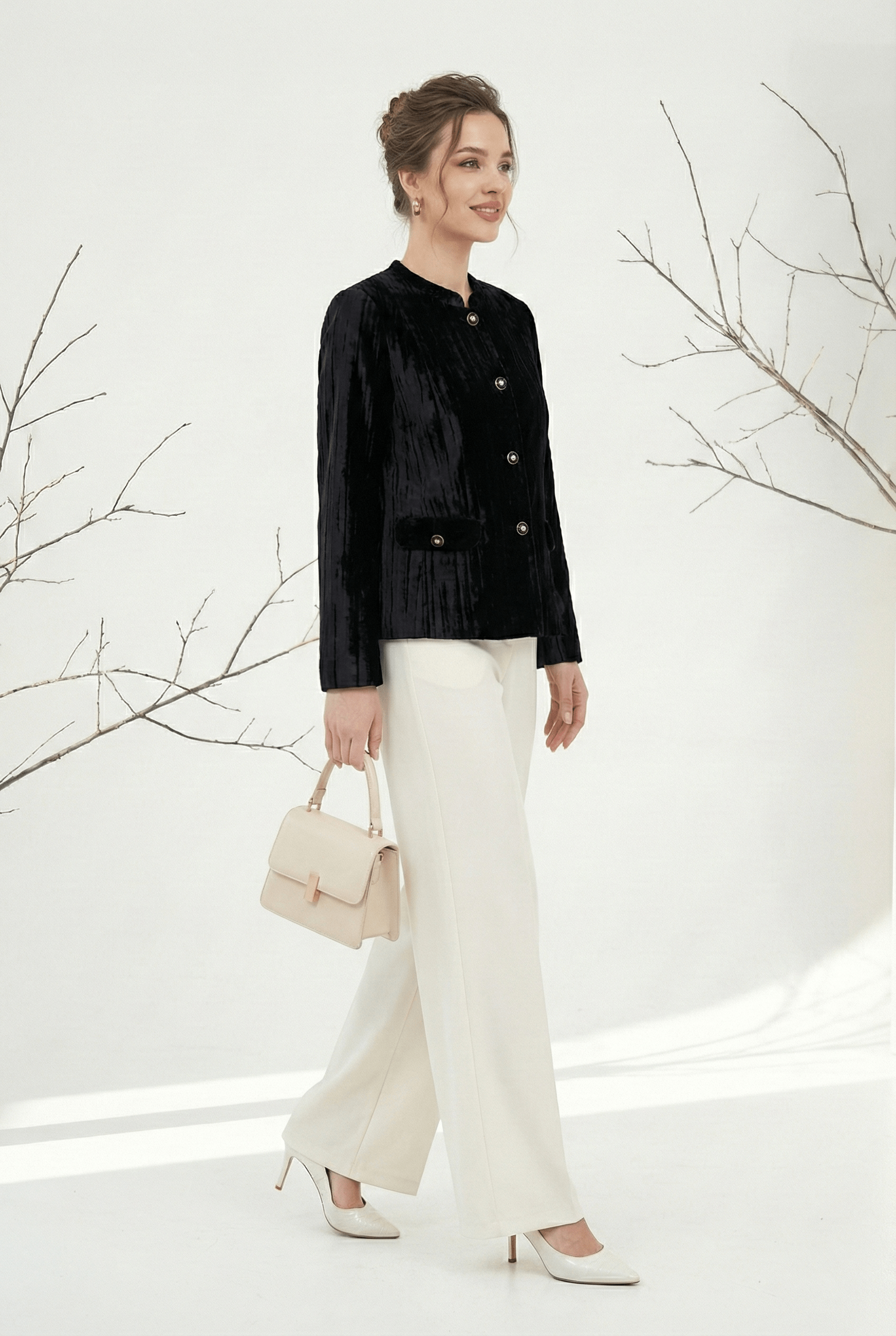 Áo khoác ngắn Suông Vải nhung gân Cổ tàu cách điệu Dài dưới eo_thumbnail_1