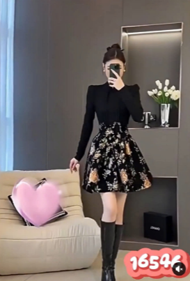 16546-Đầm xòe đen tay dài phối họa tiết chân  váy hoa ( thun nhật, taptahoa)_thumbnail_0