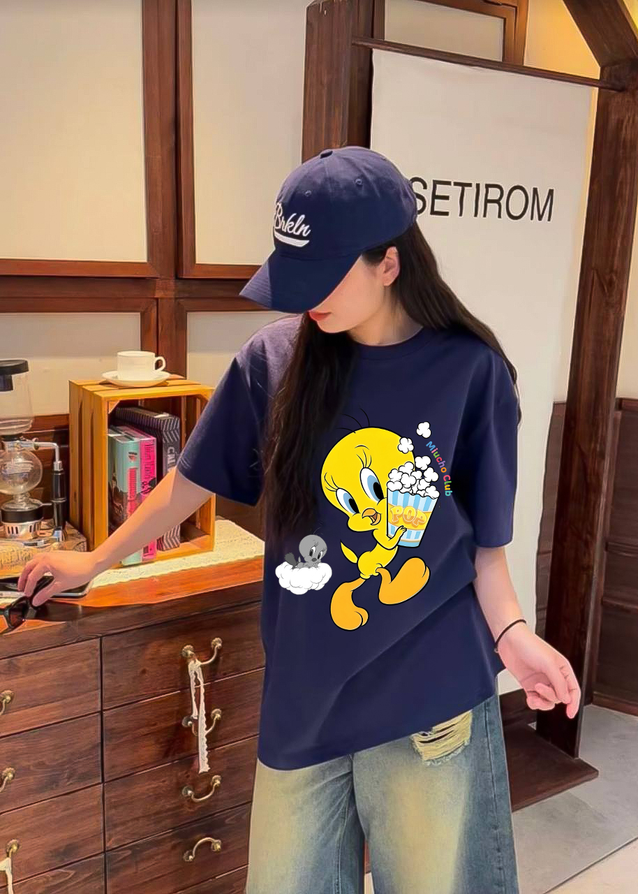 Áo thun nữ form rộng vịt vàng 2111 Miucho vải cotton 4c 220gsm cổ tròn in mix_thumbnail_5