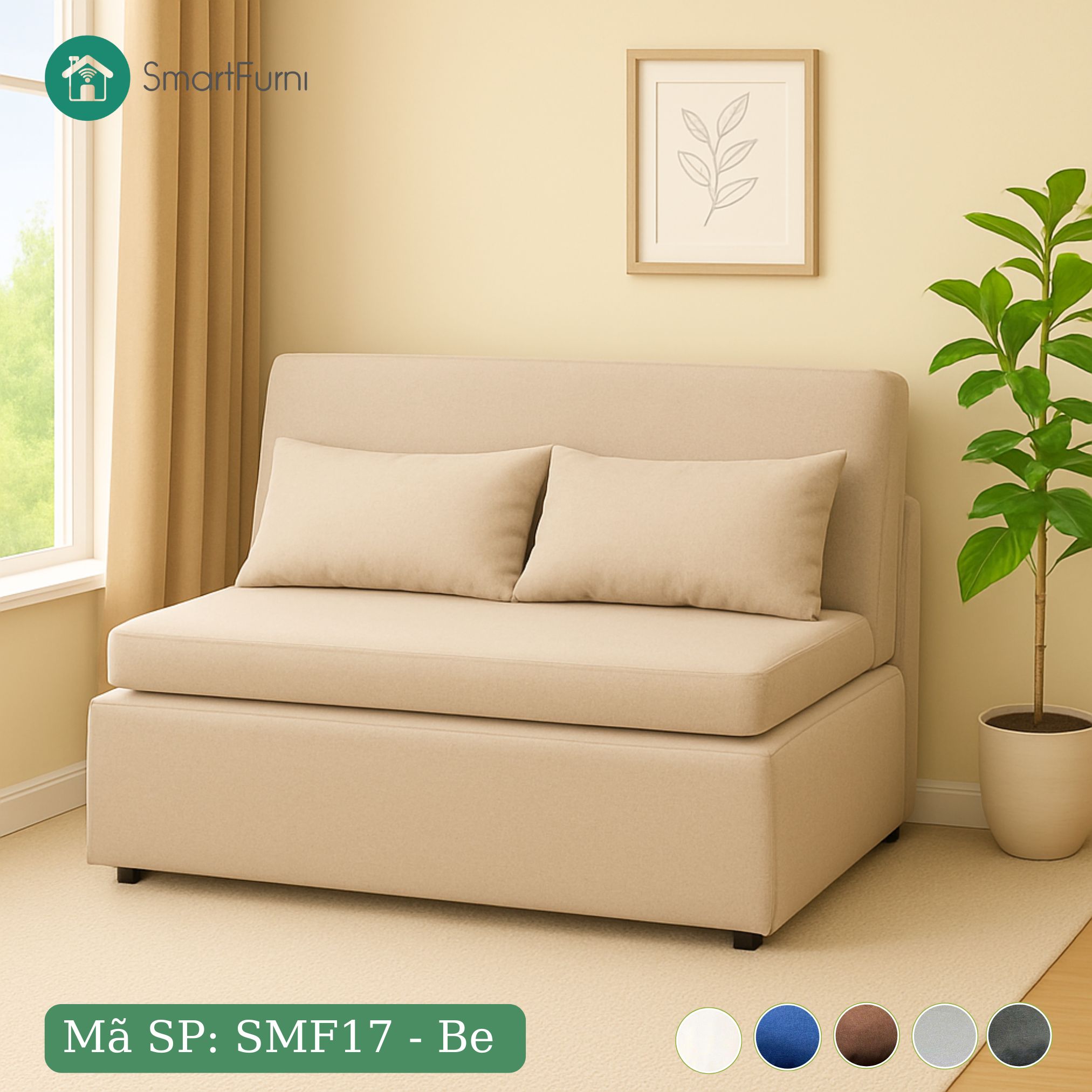 Sofa giường gấp gọn vải lanh canvas SmartFurni - SMF17 - Be sáng_thumbnail_1