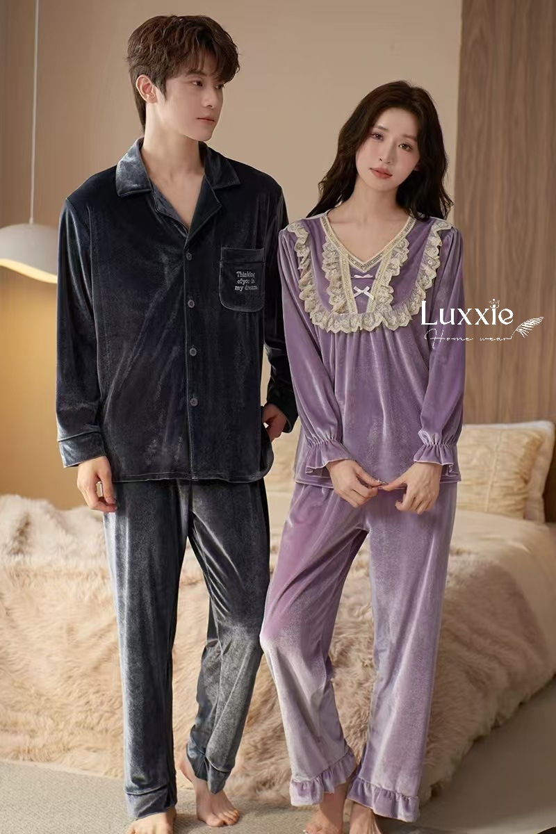 NHUNG34 Bộ ngủ nhung cổ ren trắng đính nơ_thumbnail_15