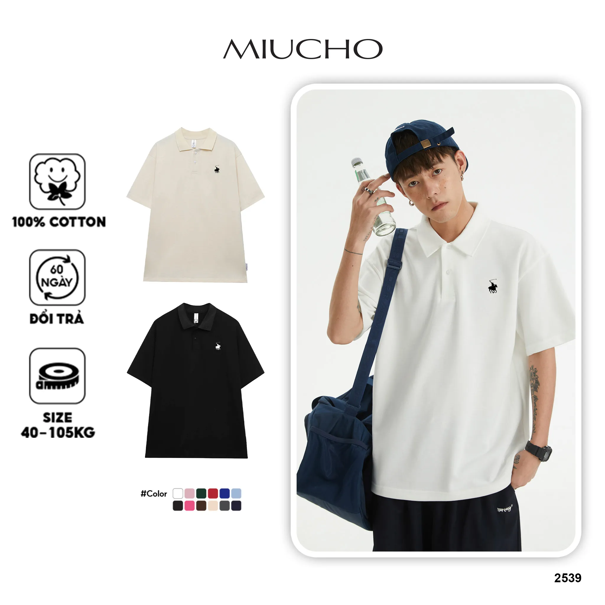 Áo polo form rộng basic unisex nhiều màu 2539 Miucho Club vải cotton cao cấp thoáng mát in basic