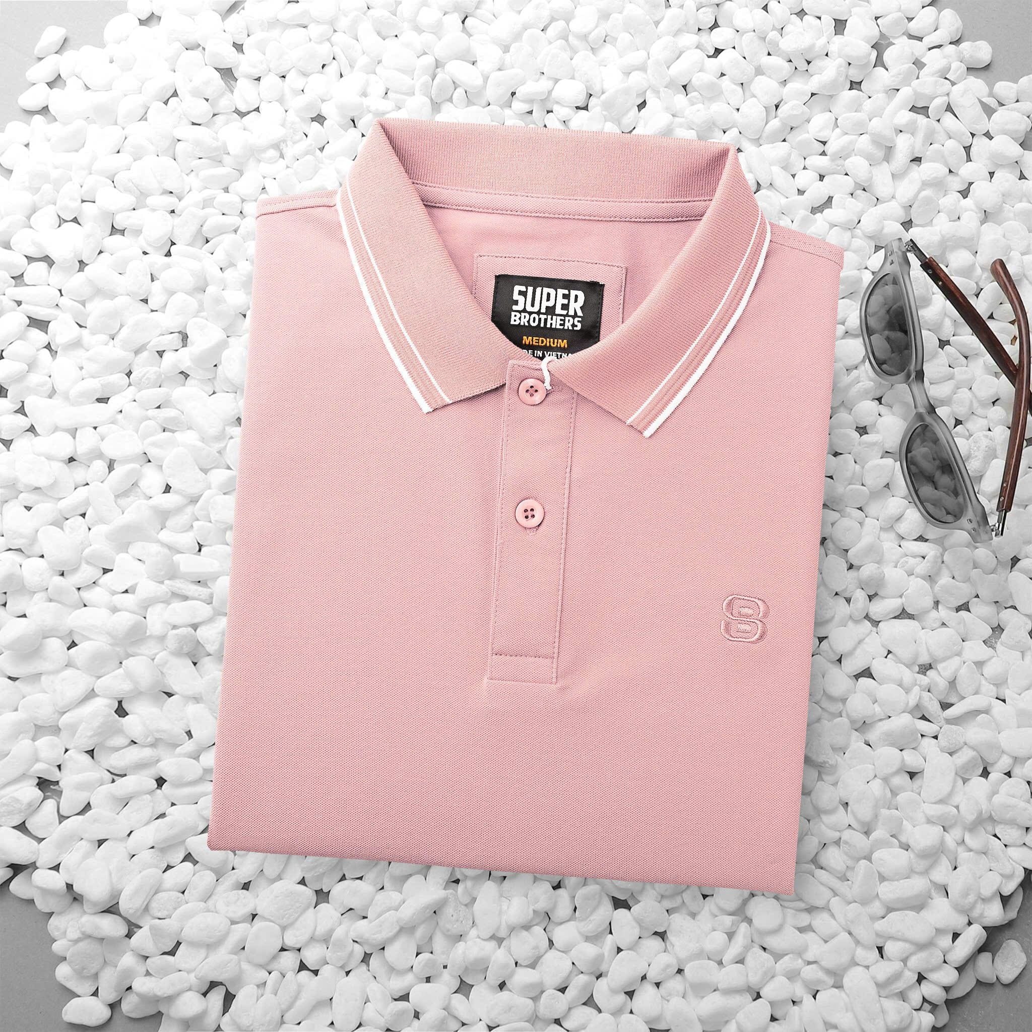 Áo Polo Super Brother Cotton Cá Sấu Logo Thêu Màu Hồng Kem