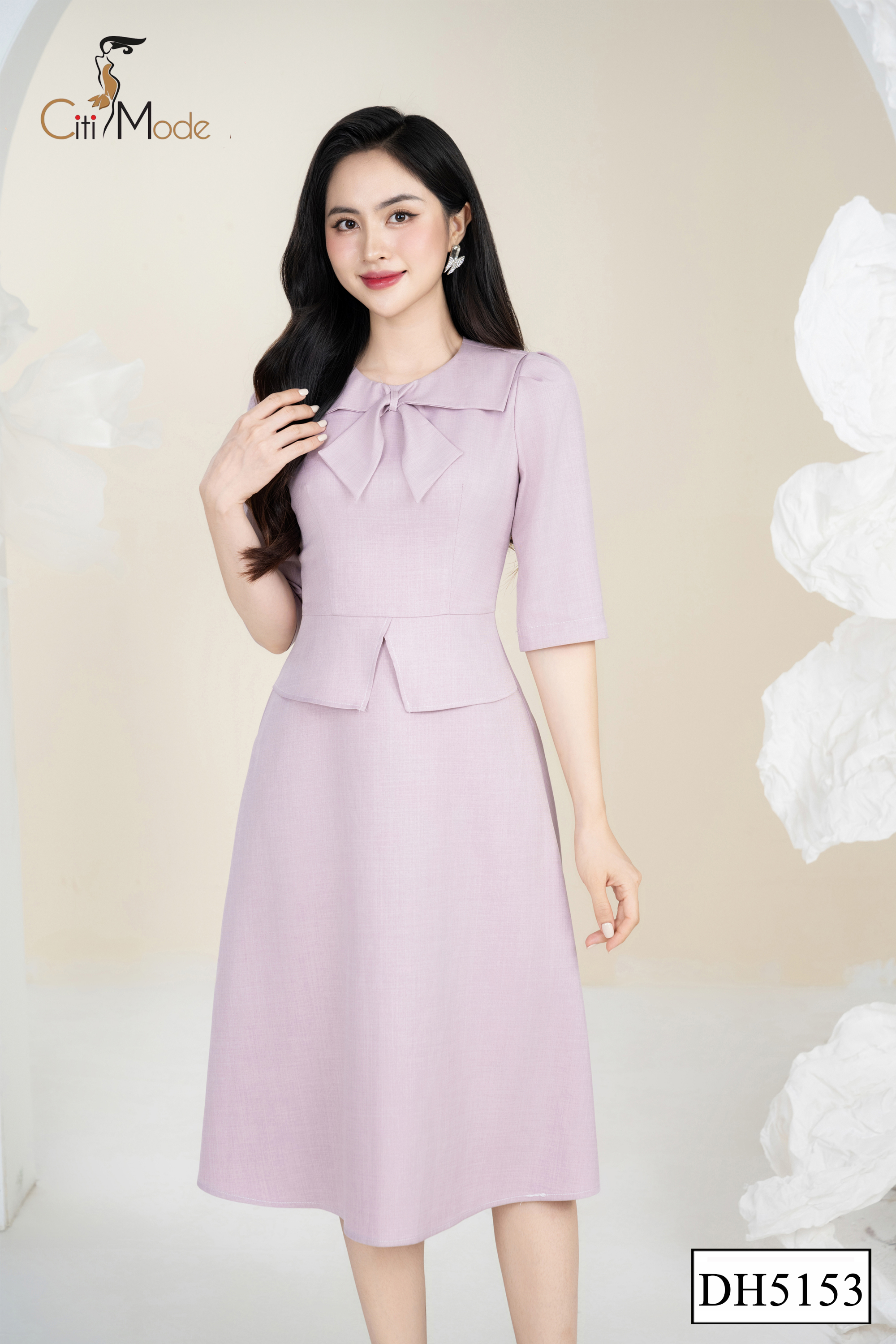 Đầm xoè peplum hồng tay lỡ cổ vạt vuông_thumbnail_0