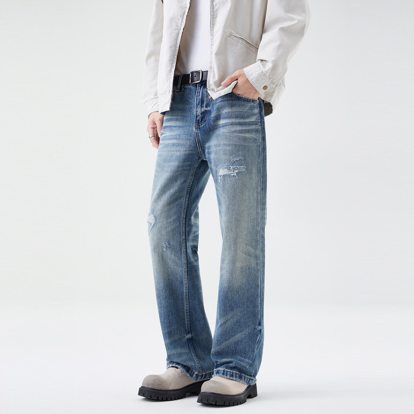 Quần jeans rách ống suông rách ống rộng cho nam mùa thu, thương hiệu thời trang Mỹ, retro, đã giặt, trầy xước, quần dài ống rộng_thumbnail_5