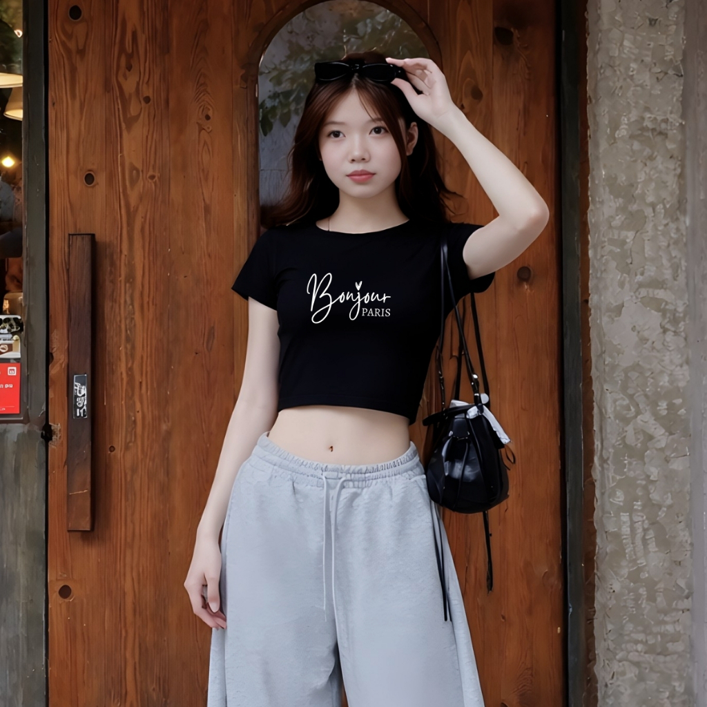 Áo croptop nữ chữ Bonjour PARIS dáng ôm chất thun cotton local brand WETEE - WC1167_thumbnail_3