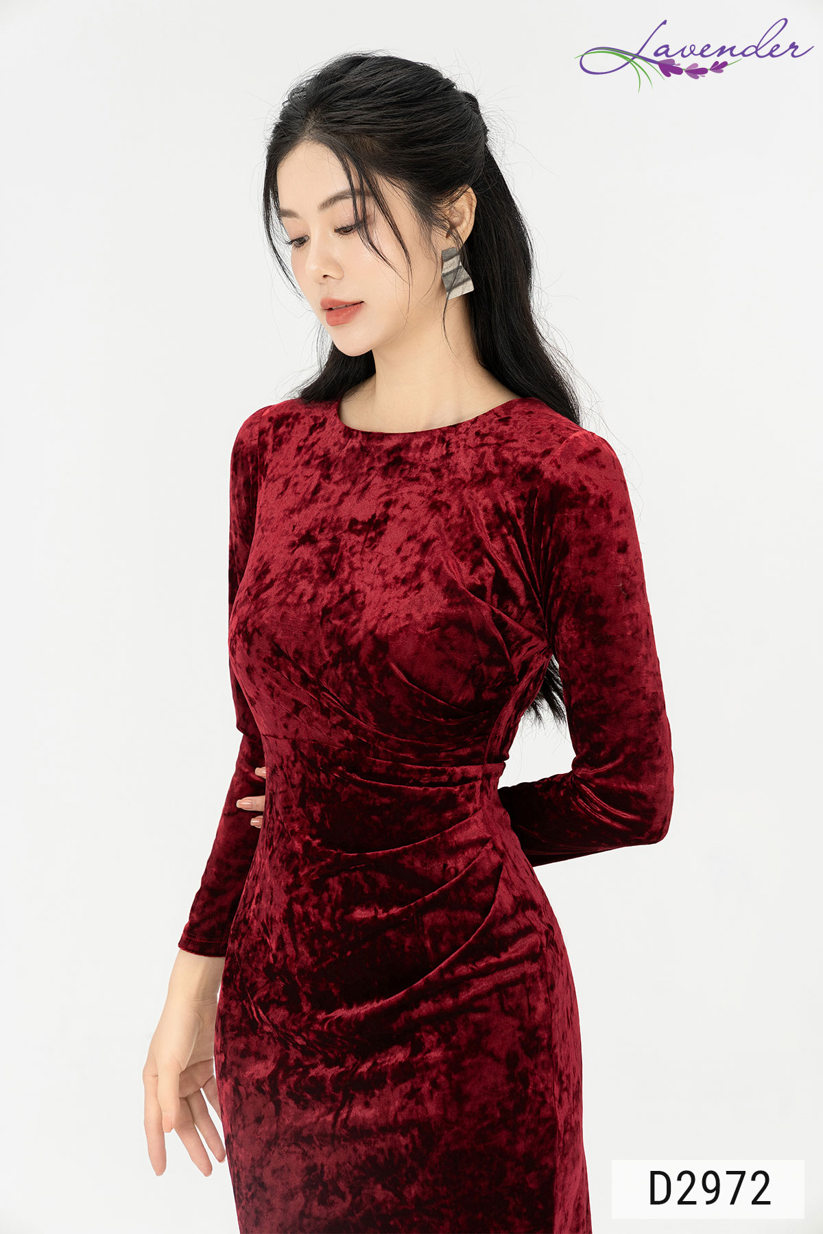 Đầm ôm nữ công sở Thời trang Lavender nhung đỏ tay dài D2972_thumbnail_1