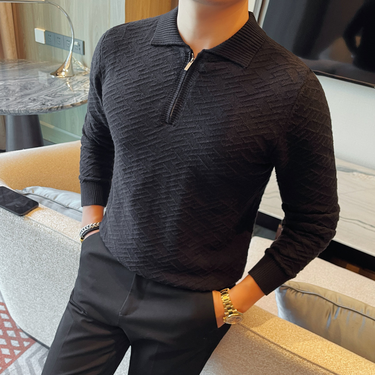 PA12 – Áo len nam dệt kim cổ điển thu đông 2025, jacquard dày, cổ trụ khóa kéo, dáng rộng casual