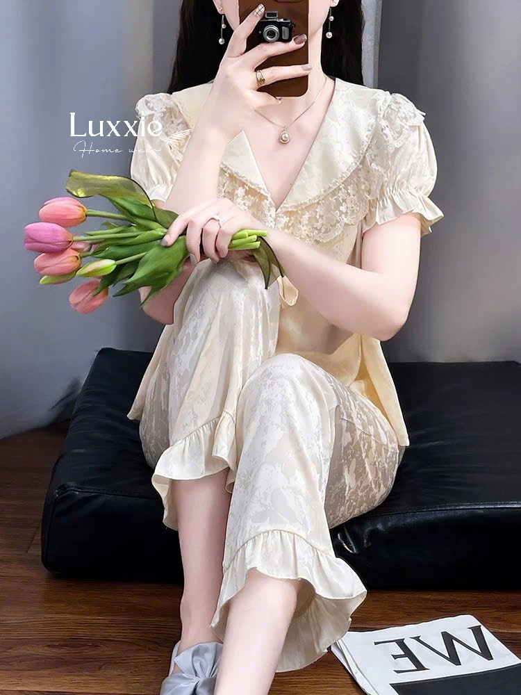 N108B Pijama lụa gấm hoa cổ ren trắng buộc nơ cộc tay_thumbnail_10