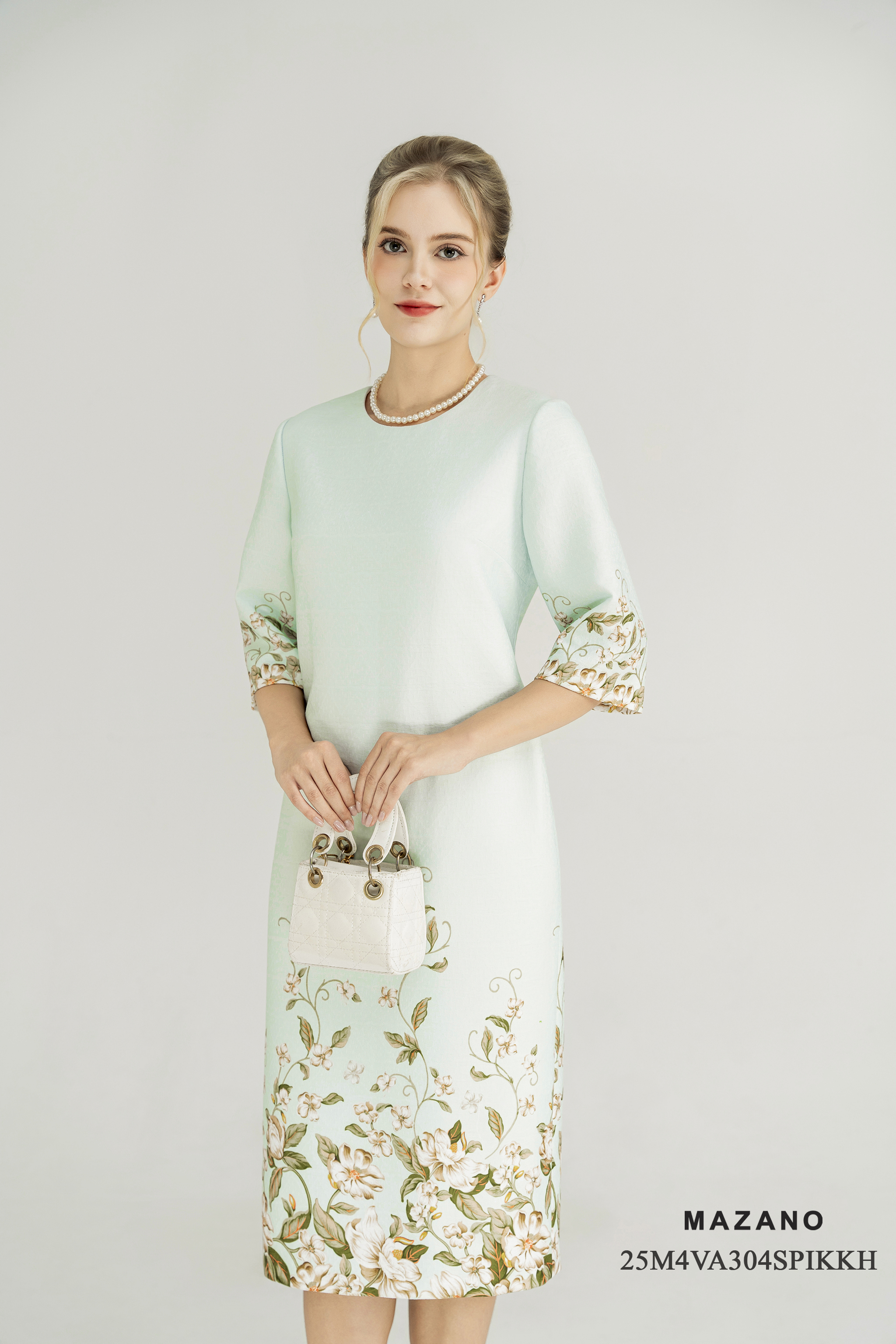 Váy Đầm Suông Vải tweed Hoạ tiết hoa cách điệu Cổ tròn Tay lỡ Dài qua gối