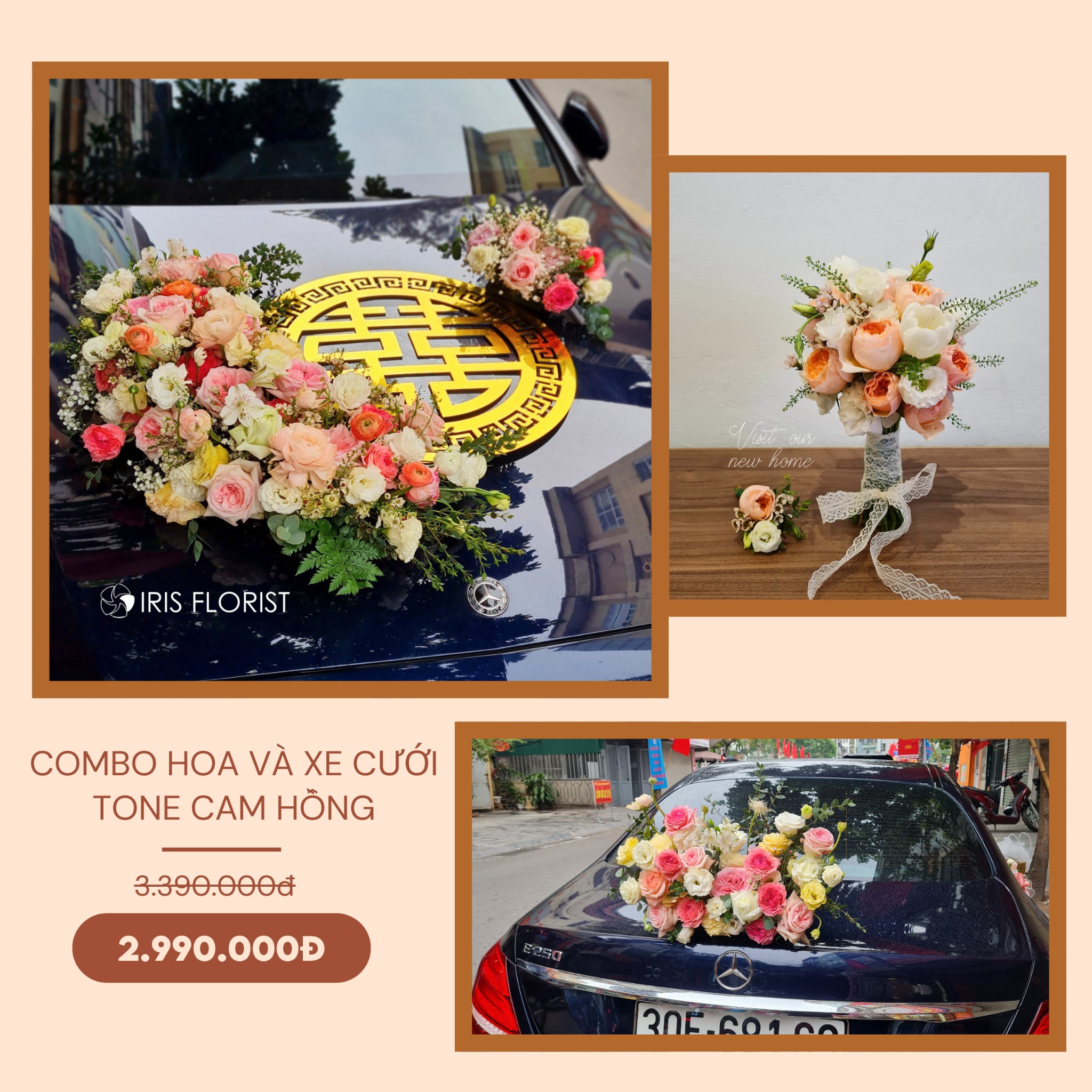 Combo hoa và xe cưới Tone hồng cam