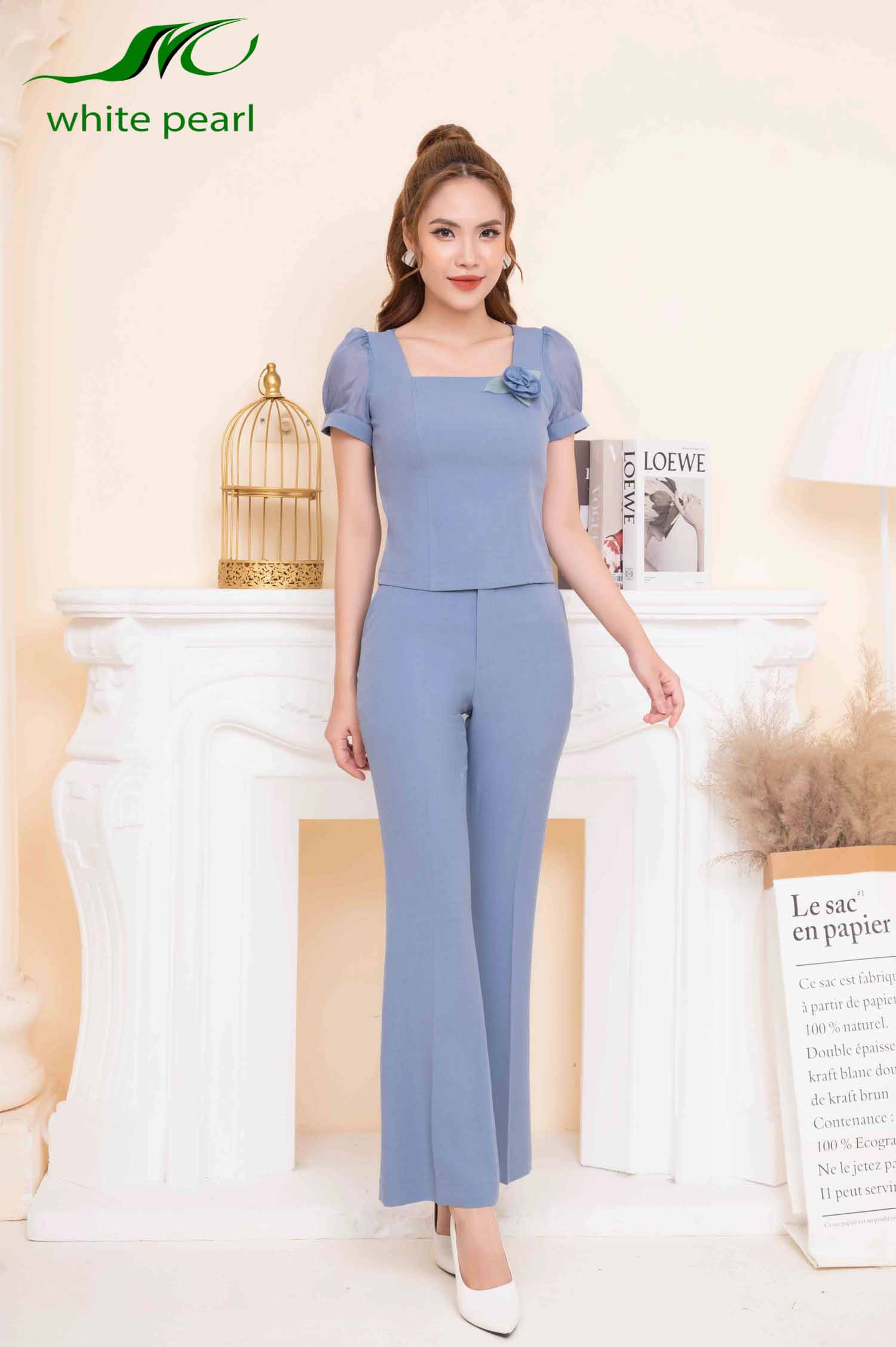 Bộ ký giả cổ vuông tay phối ren kết hợp quần ống loe thời trang công sở cao cấp White Pearl_thumbnail_0