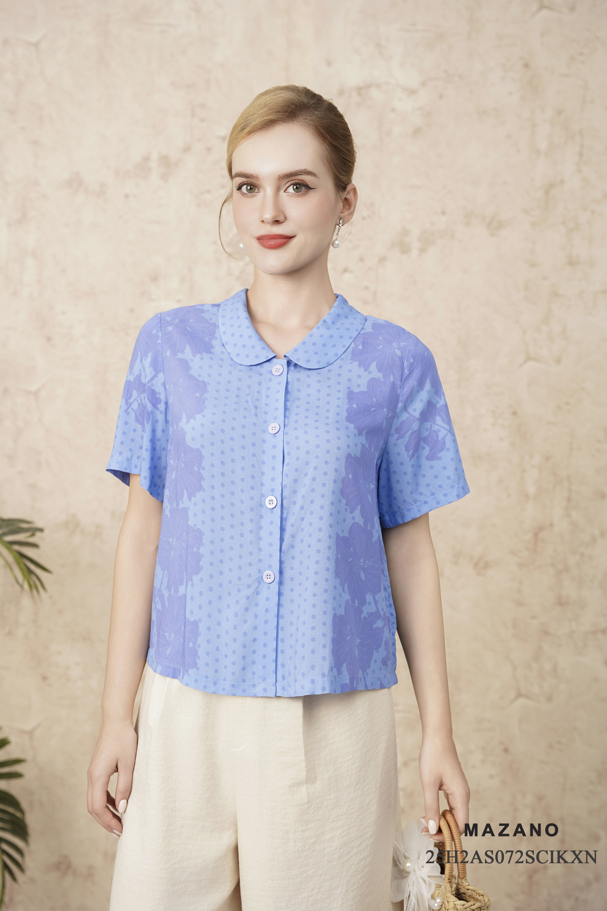 Áo sơ mi Vải Cotton In họa tiết hoa đối xứng Cổ bẻ Tay ngắn Dài dưới eo_thumbnail_1