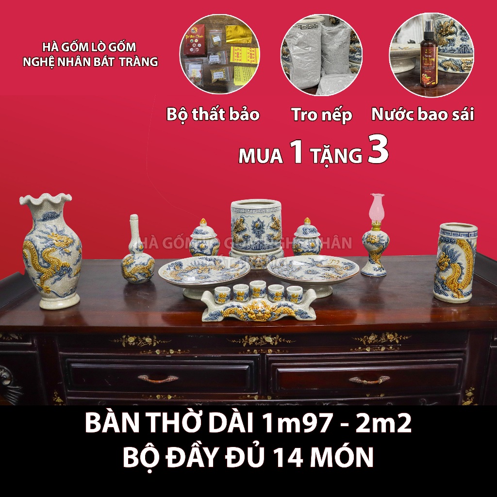 Bộ 14 Món Đồ Thờ Cúng Ban Thờ dài 1m97, 2m2 TẶNG Thất Bảo Tro Nếp Nước Thơm Men rạn Bát Tràng