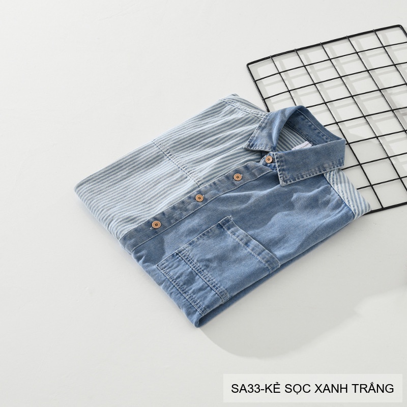 SA33 - Áo sơ mi nam kẻ sọc xanh trắng phong cách Hồng Kông, tay ngắn, chất cotton thoáng mát_thumbnail_5