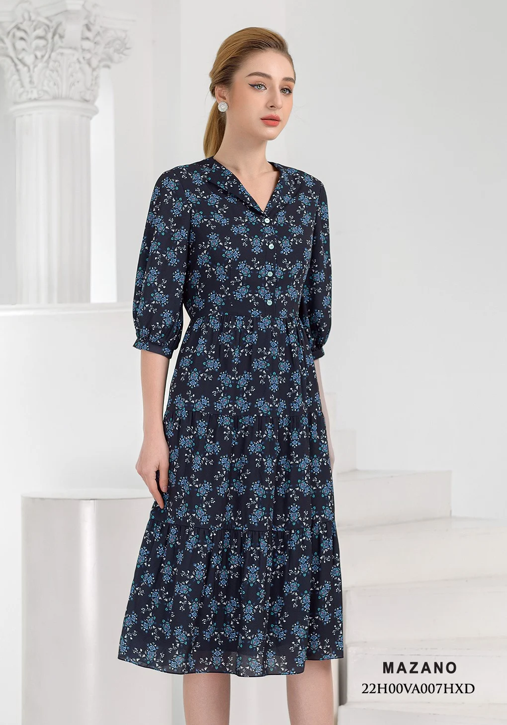 Đầm xòe họa tiết cổ bẻ cách điệu