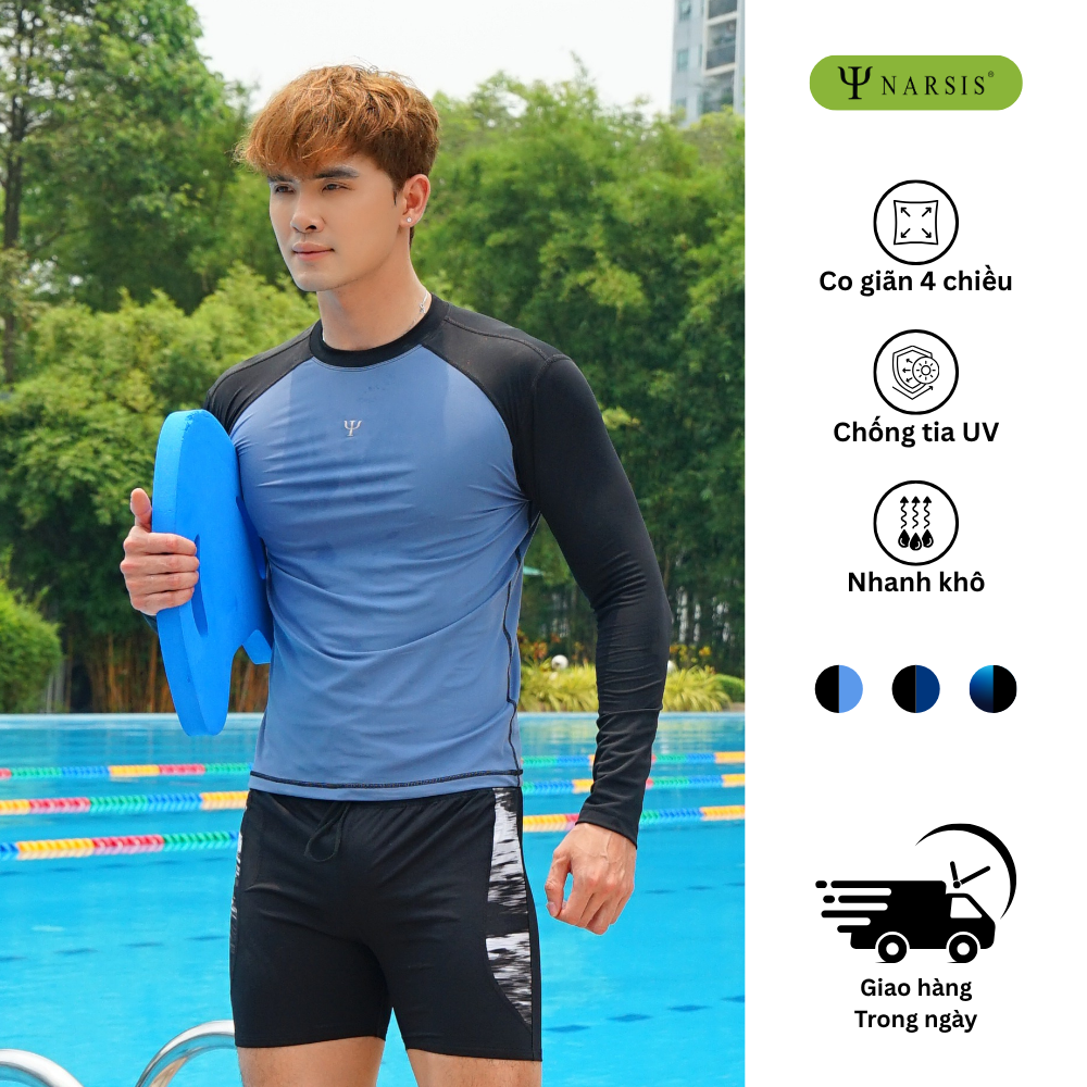 Áo Bơi Nam Narsis, Chất Liệu Vải PE, Áo Bơi Dài Tay QD25002, Chống Tia UV, Bảo Vệ Da, Thoáng Mát, Hiệu Quả