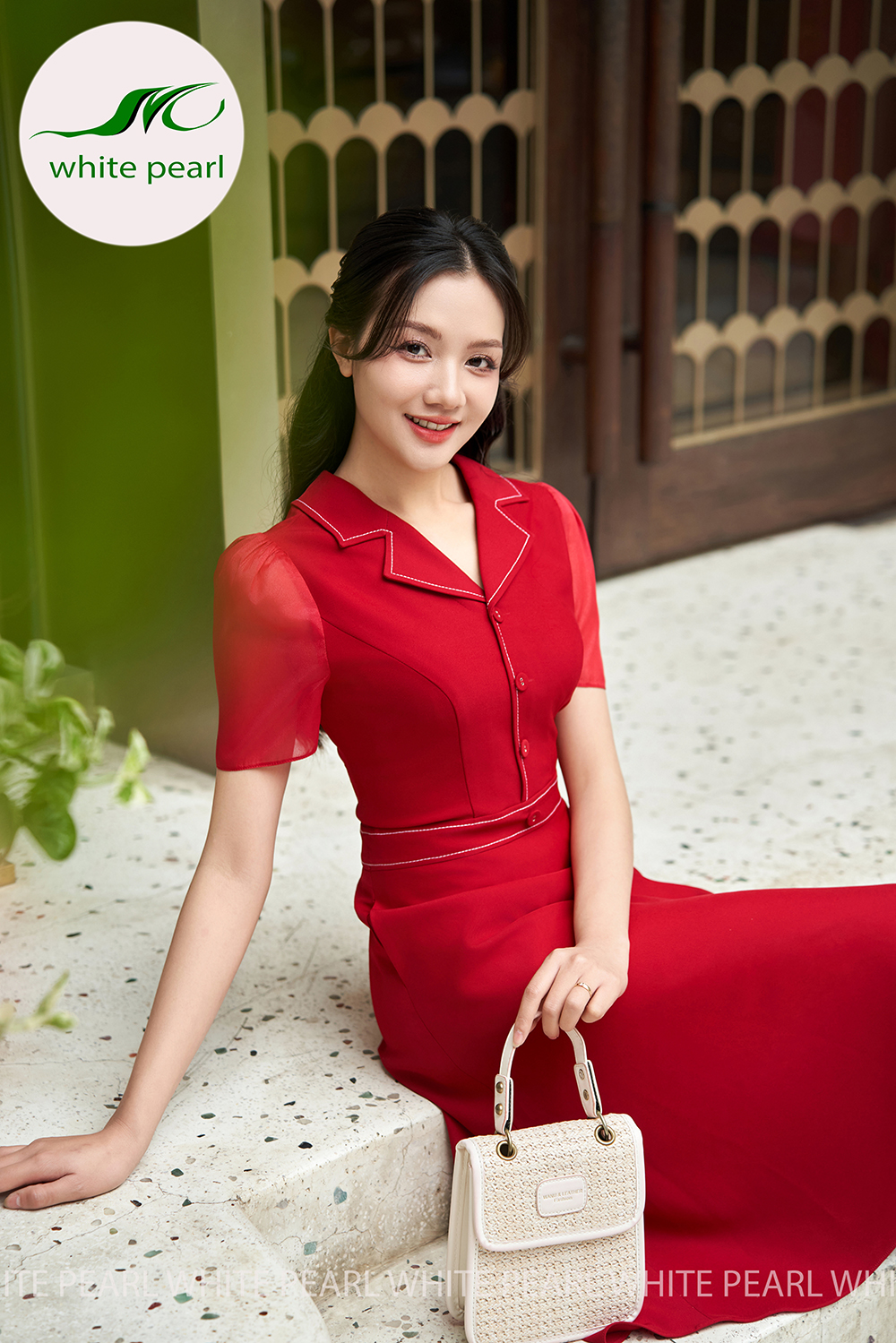 Đầm liền xòe cổ 2 ve đột chỉ tay voan bồng rút sun khóa sau 2 lớp có túi màu đỏ D2403 thời trang công sở cao cấp White Pearl_thumbnail_2