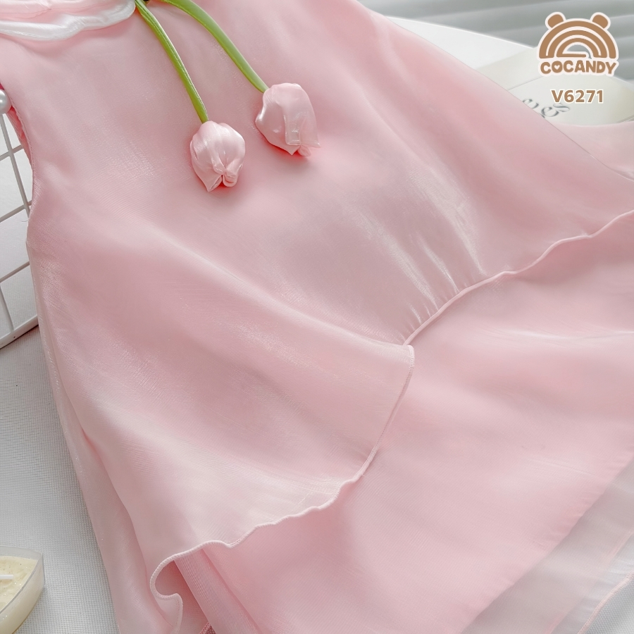 Váy sát nách tơ HỒNG phối cổ nơ nụ hoa_thumbnail_6