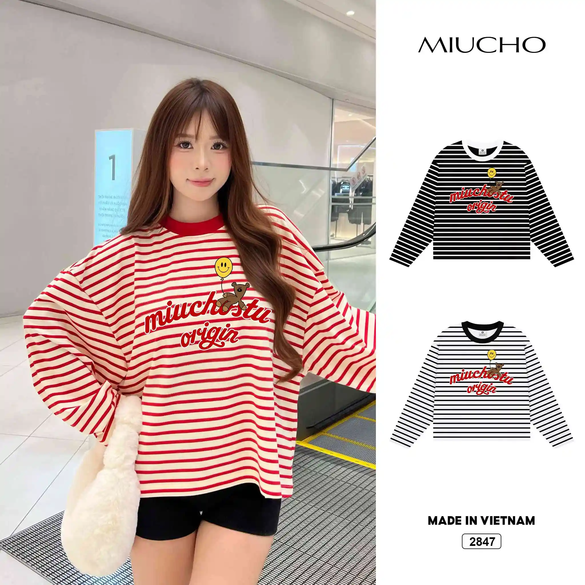 Áo thun boxy Miucho vải borip thoáng mát chuẩn form tay dài cổ tròn in chữ basic 2847