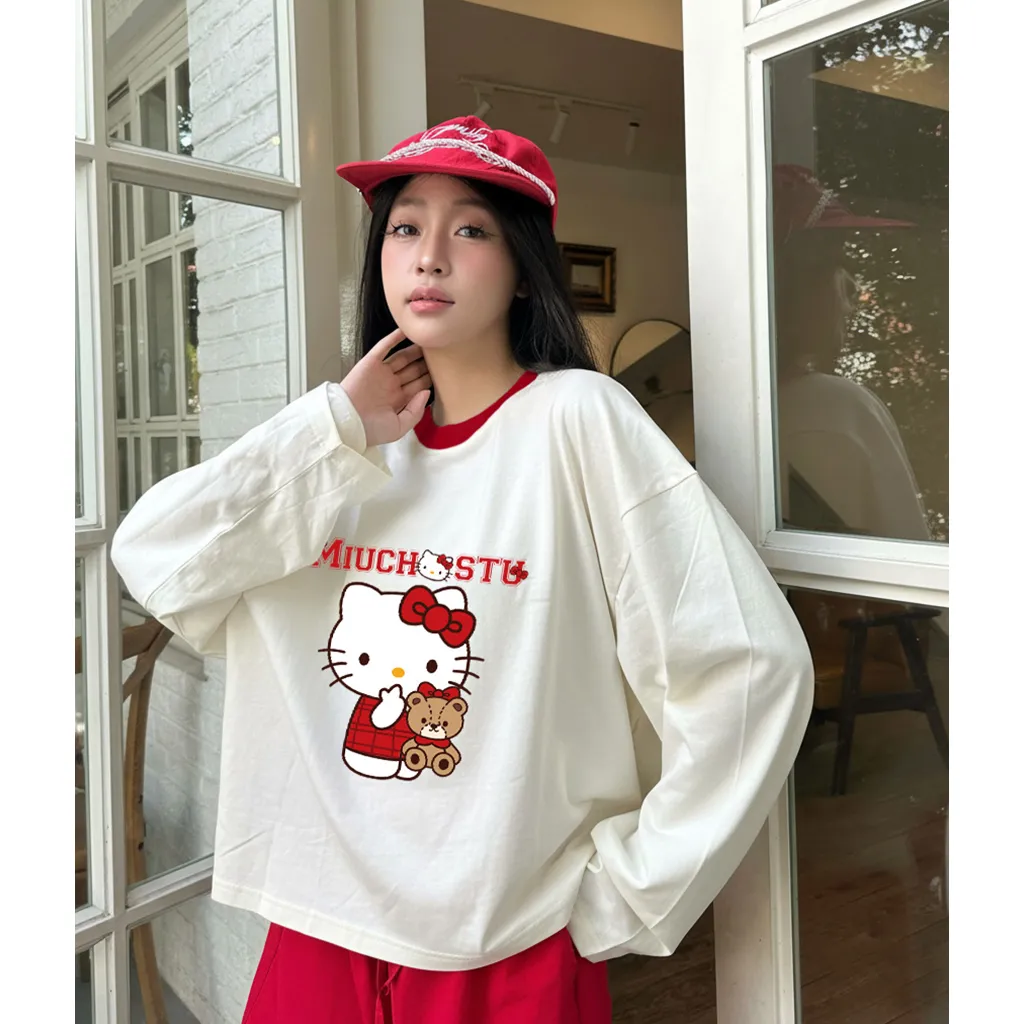 Áo thun boxy tay dài Miucho chất vải thoáng mát mềm mại phối cổ mix màu Kitty đỏ 2806_thumbnail_4