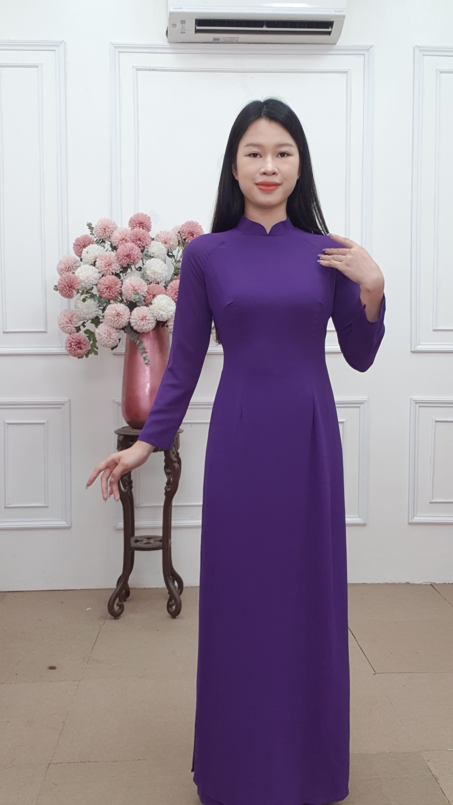 A805 bộ áo dài chiffon tím Huế cổ cao bốn tà + quần