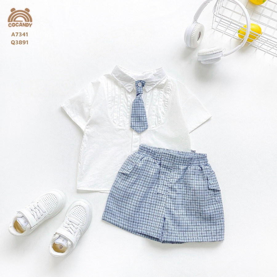 Quần cộc CARO XANH túi đáp nẹp kèm cà vạt