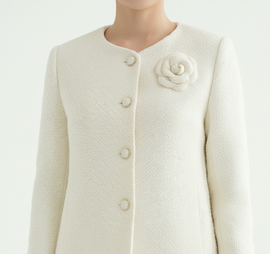 Áo khoác ngắn Suông Vải tweed len Cổ tròn Cài hoa thủ công Dài dưới eo_thumbnail_4