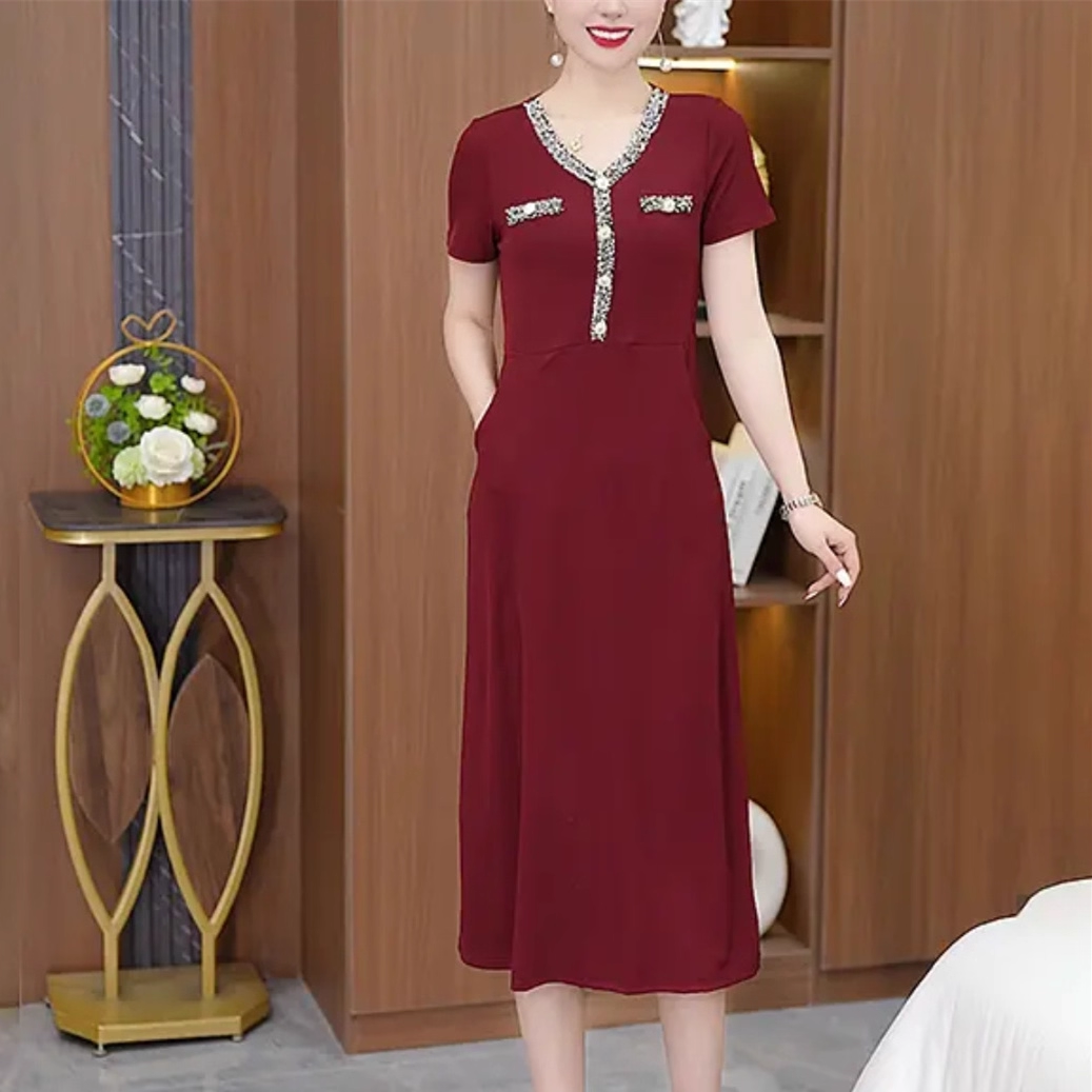 17144-Đầm suông A đỏ đô viền ren tay ngắn ( thun )_thumbnail_0