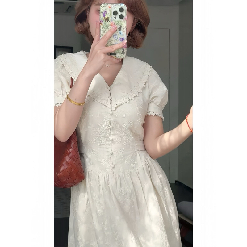 Váy trắng thêu hoa tay bồng dáng dài, đầm trắng dáng dài thêu hoa nổi nữ tính Logastore_206_thumbnail_2