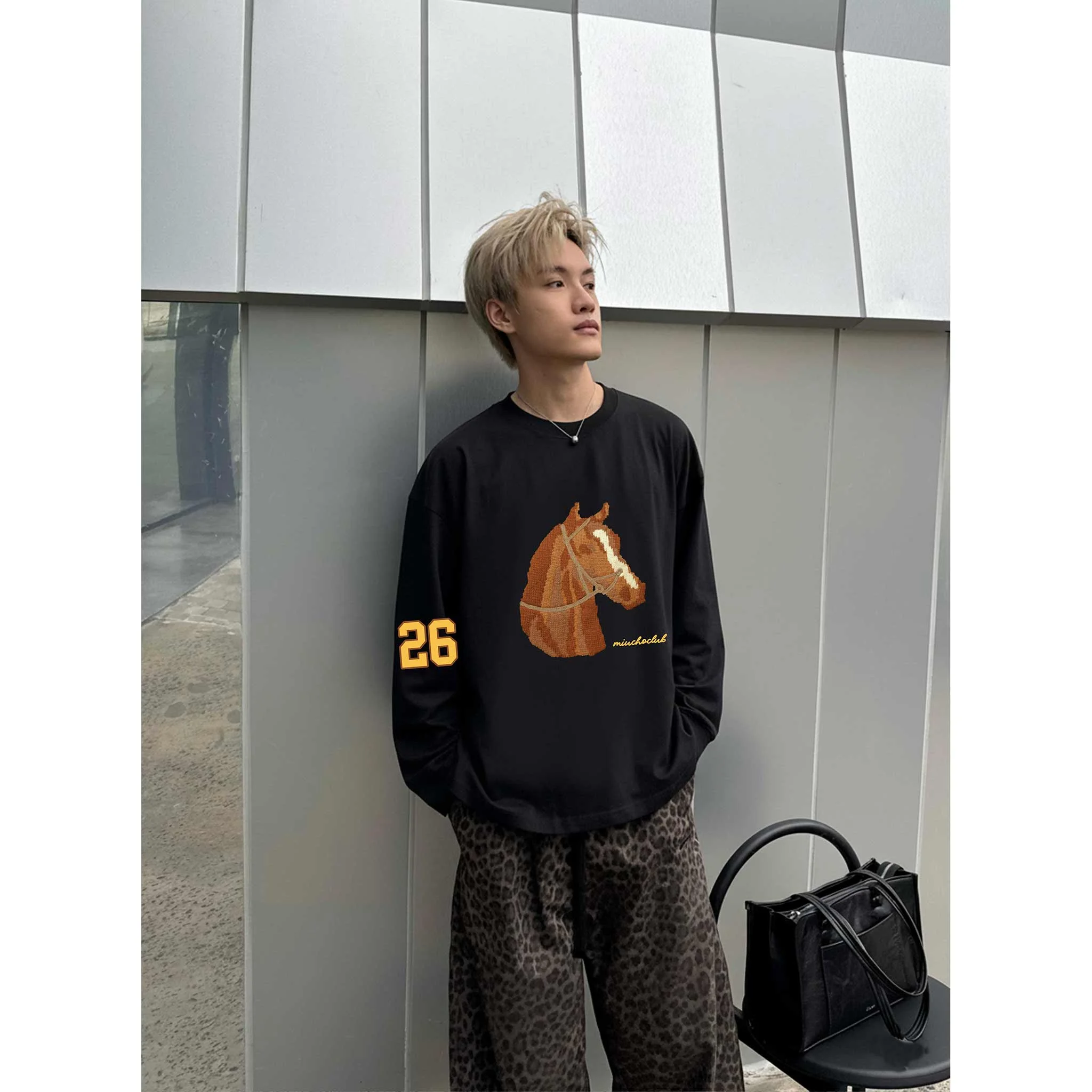 Áo thun tay dài form boxy Miucho Club vải cotton thoáng mát dày dặn dễ phối hình ngựa in mix 2786_thumbnail_7