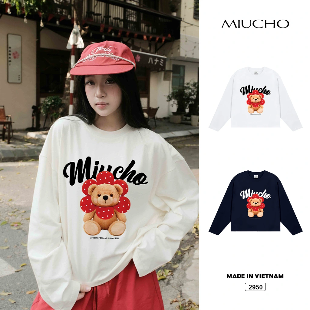 Áo thun nữ boxy tay dài Miucho vải dày dặn thoáng mát đứng form hình gấu dễ thương 2950