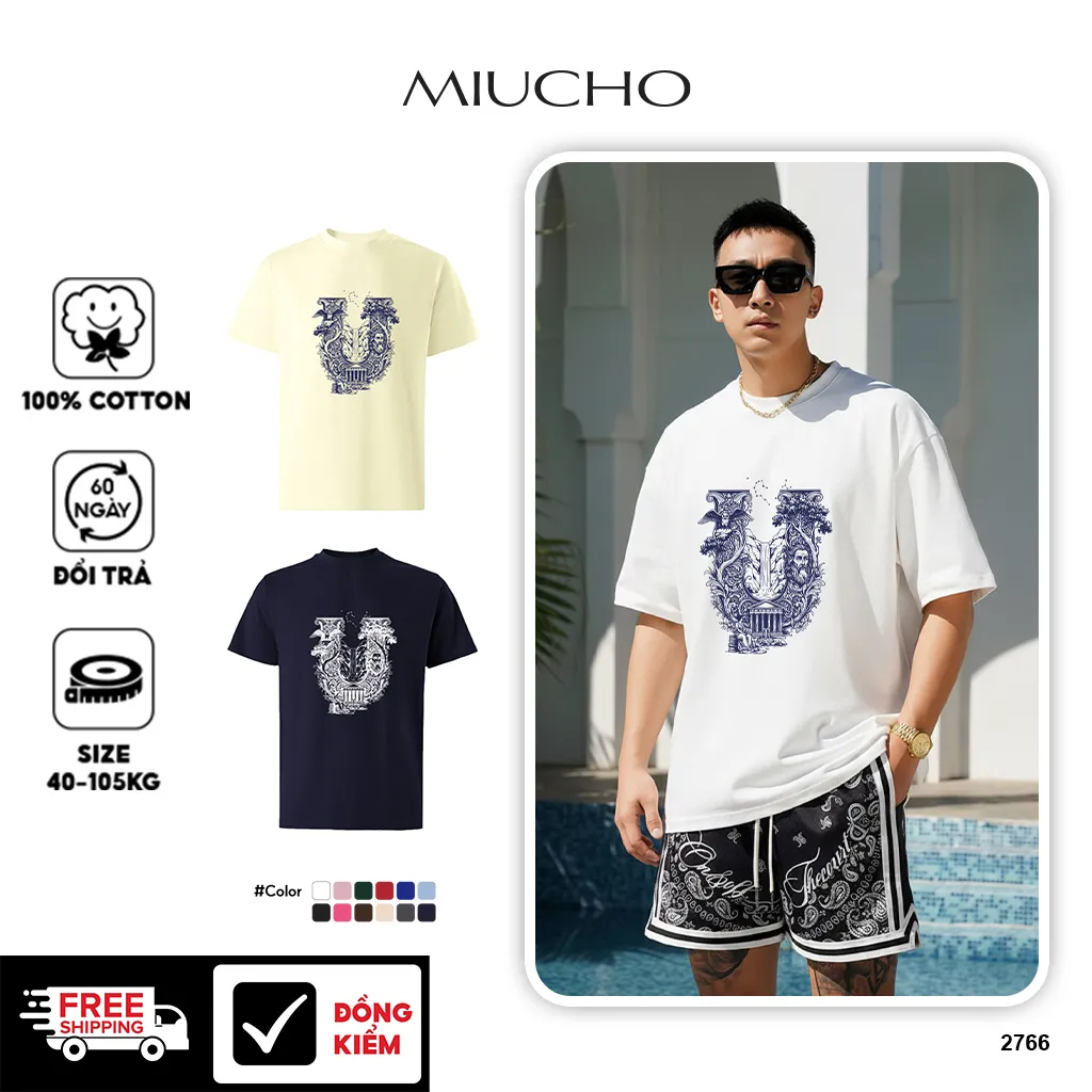 Áo phông form rộng nam tính Miucho Iconic vải cotton thoáng mát dày dặn chữ U in artwork 2766