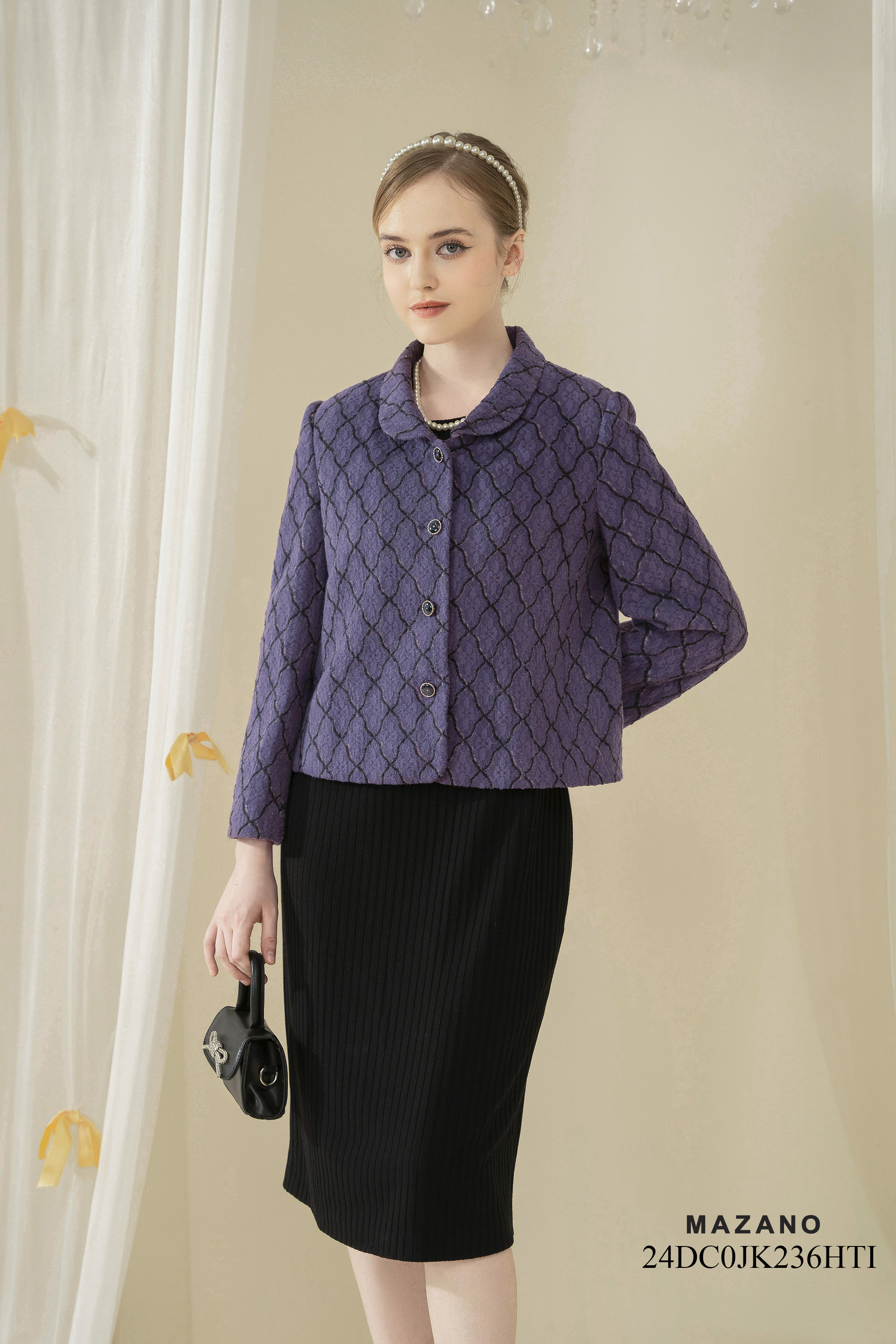 Áo khoác ngắn Suông Vải dạ len cao cấp Họa tiết quả trám Dài dưới eo_thumbnail_3