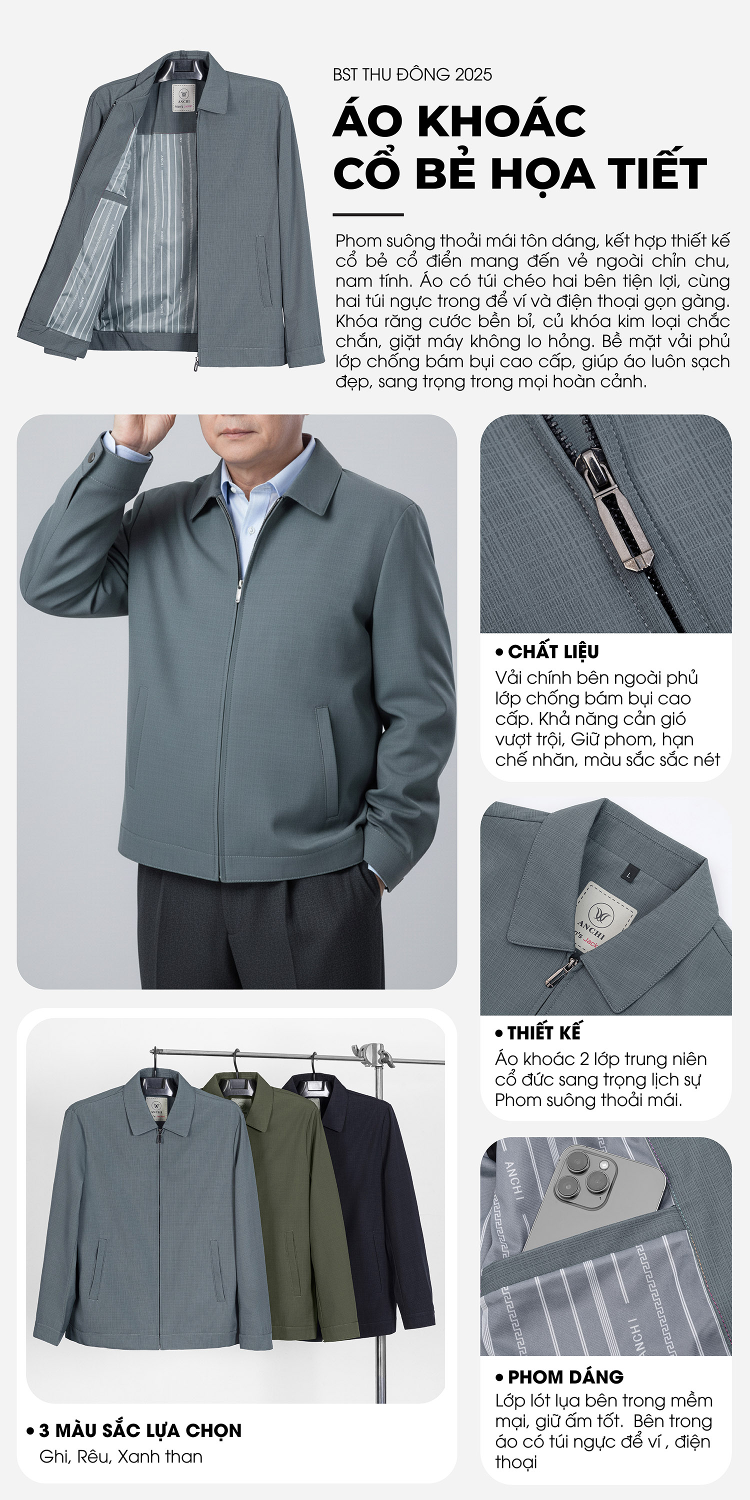 mô tả áo khoác cổ bẻ họa tiết trung niên ANCHI cao cấp