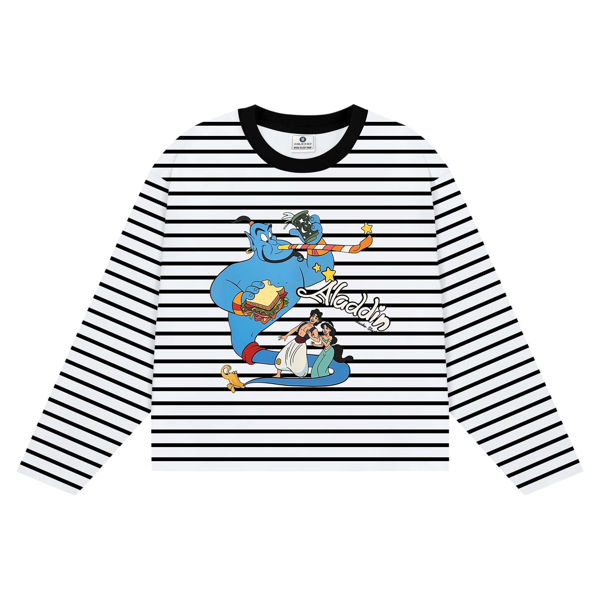 Áo thun boxy unisex Miucho vải rib thoáng mát tay dài cổ tròn Aladin in mix 2696