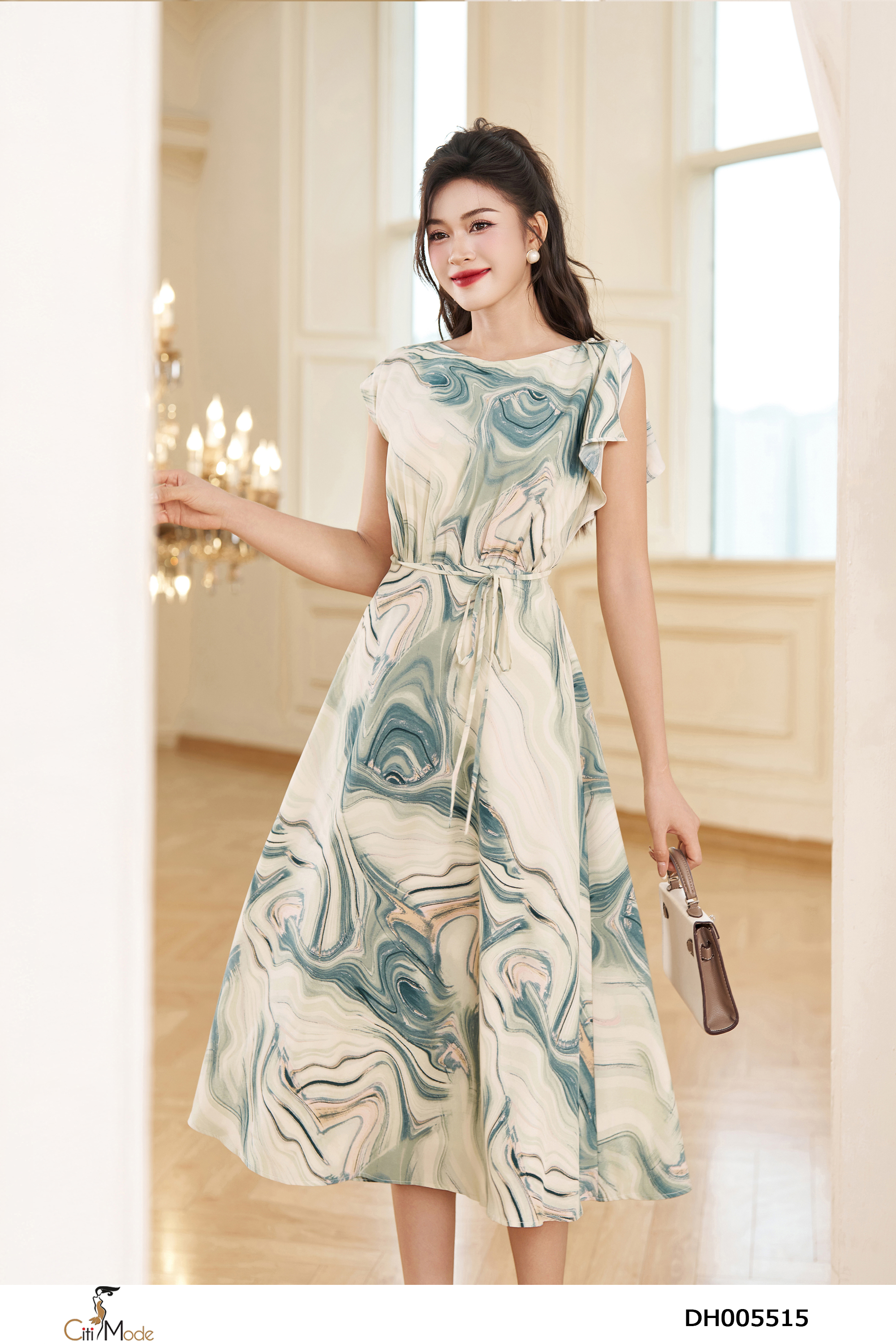 Đầm xòe họa tiết 3D cổ thuyền tay chơm đai eo_thumbnail_1