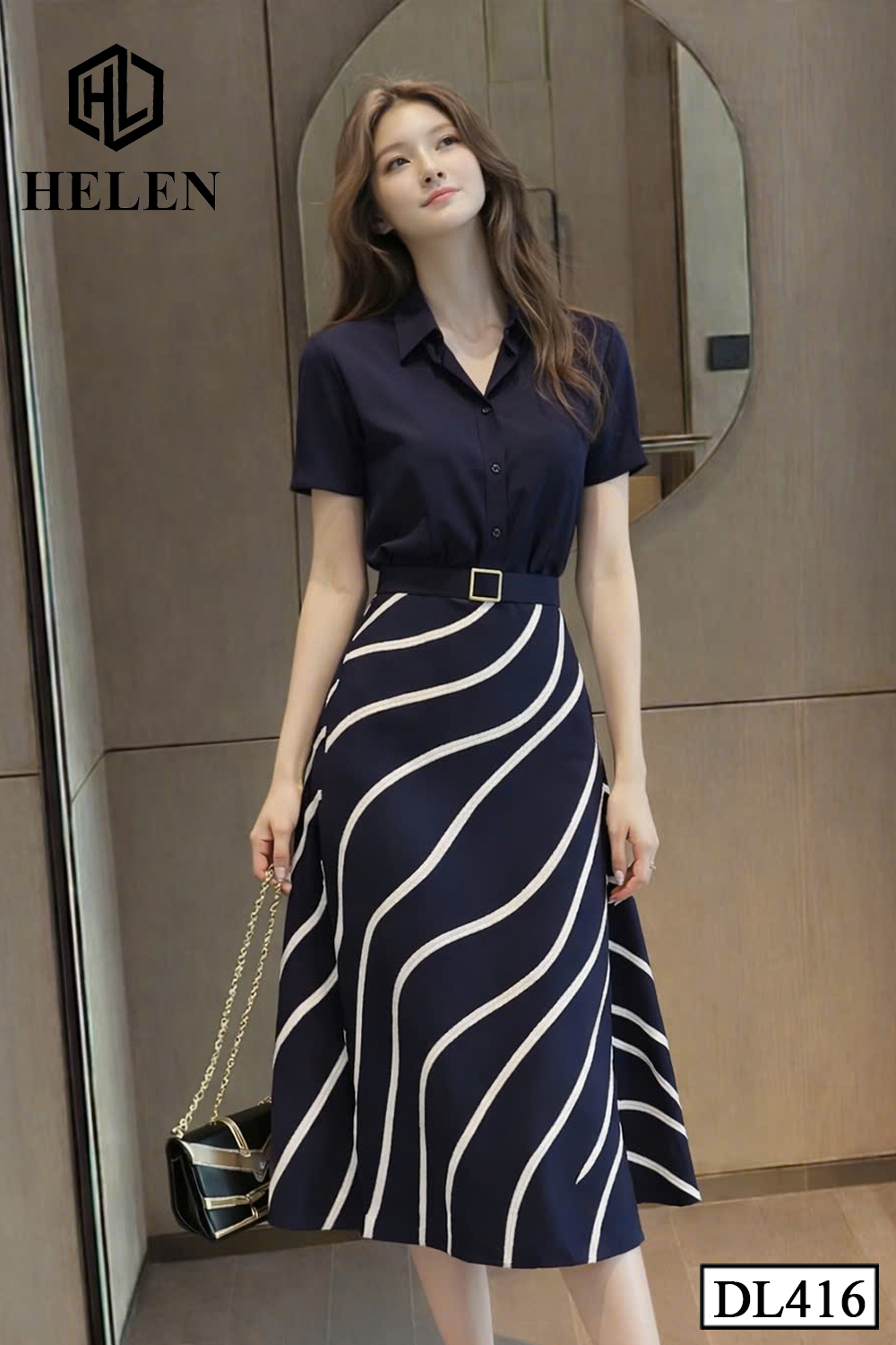 Đầm liền thân xòe xanh cổ đức phối chân họa tiết DL416