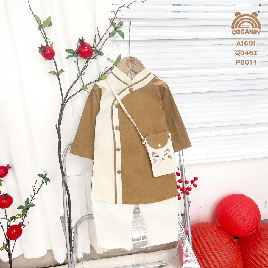 Áo dài linen NÂU phối BE cúc chéo_thumbnail_0