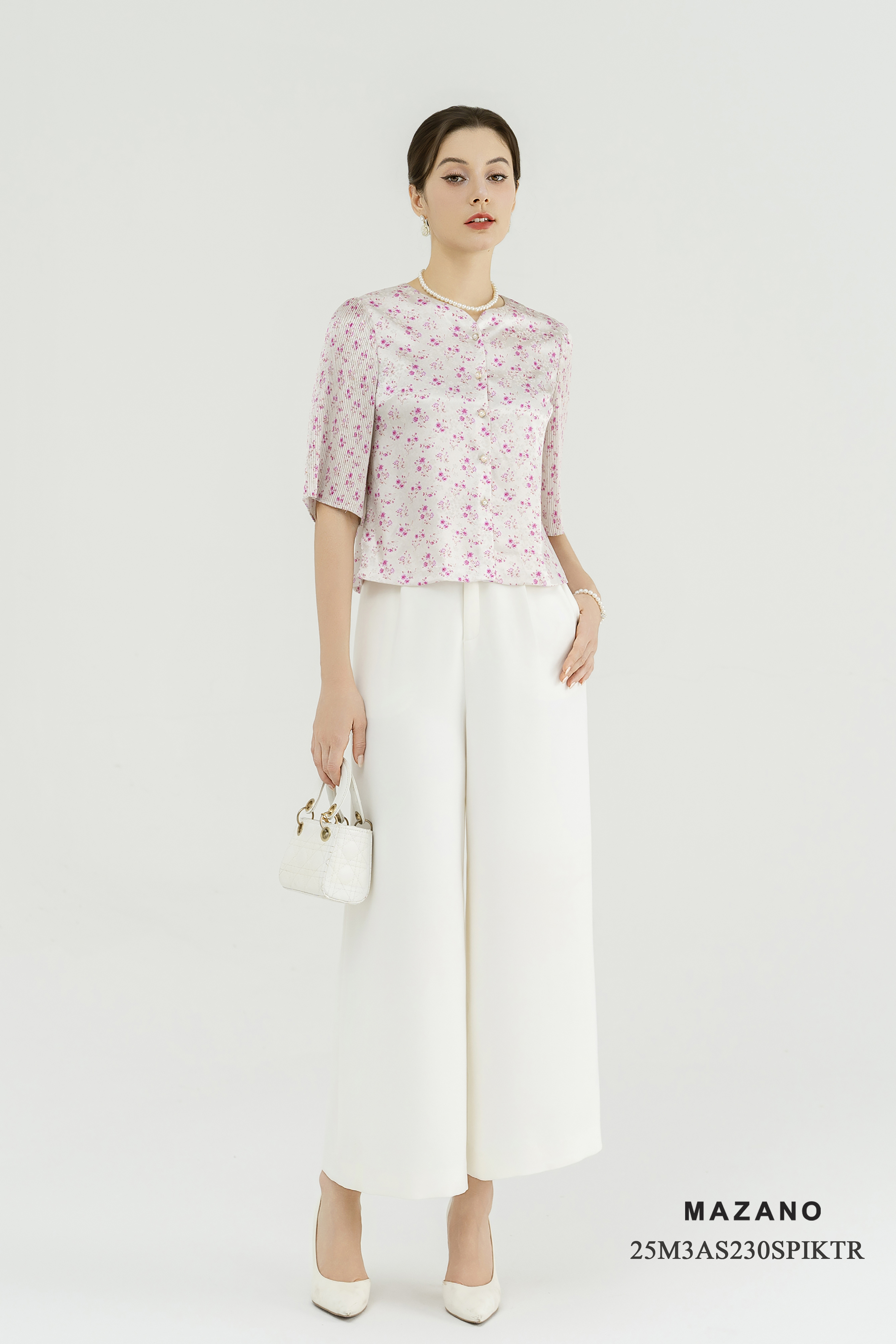 Áo Top suông cài khuy Vải lụa gấm Họa tiết hoa hồng Cổ tròn Tay dập ly Dài dưới eo