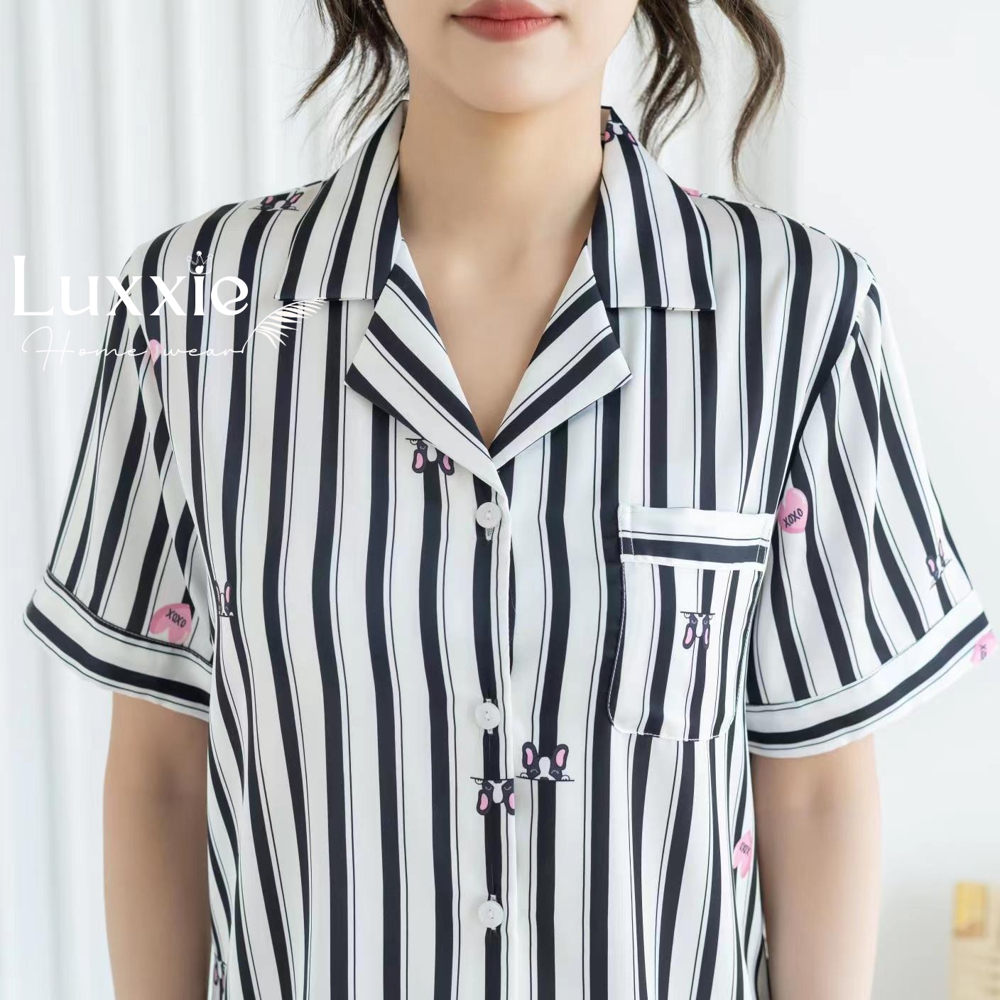 N103B Pijama lụa sọc trắng/ đen họa tiết mặt mèo cộc tay_thumbnail_4