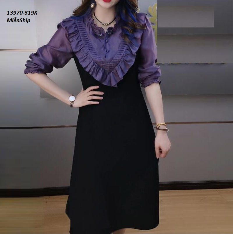 13970-Đầm chữ A phối tay lở  cổ viền bèo ( thun mịn, lụa ánh kim)FREESHIP_thumbnail_3