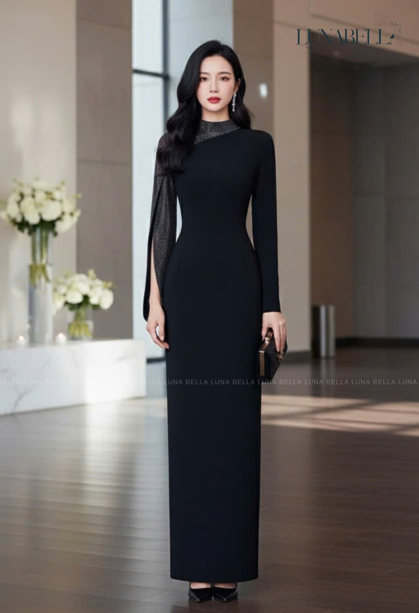 Đầm liền KINSLEY mix tay màu ĐEN