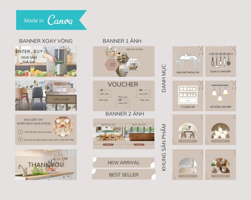 Bộ Templates Shopee Nội Thất Tone Nâu – Canva Templates