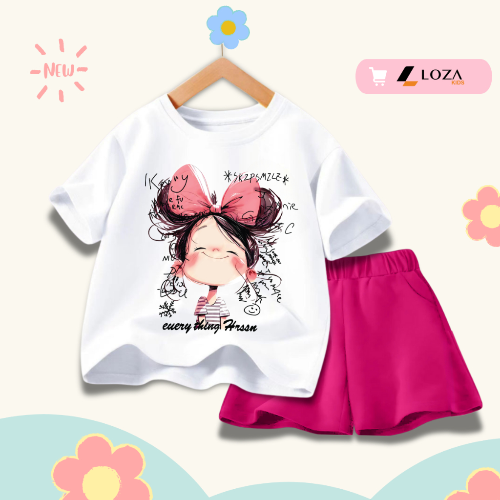 Bộ đồ bé gái in hình bé gái nơ hồng -  Loza Kids SB354