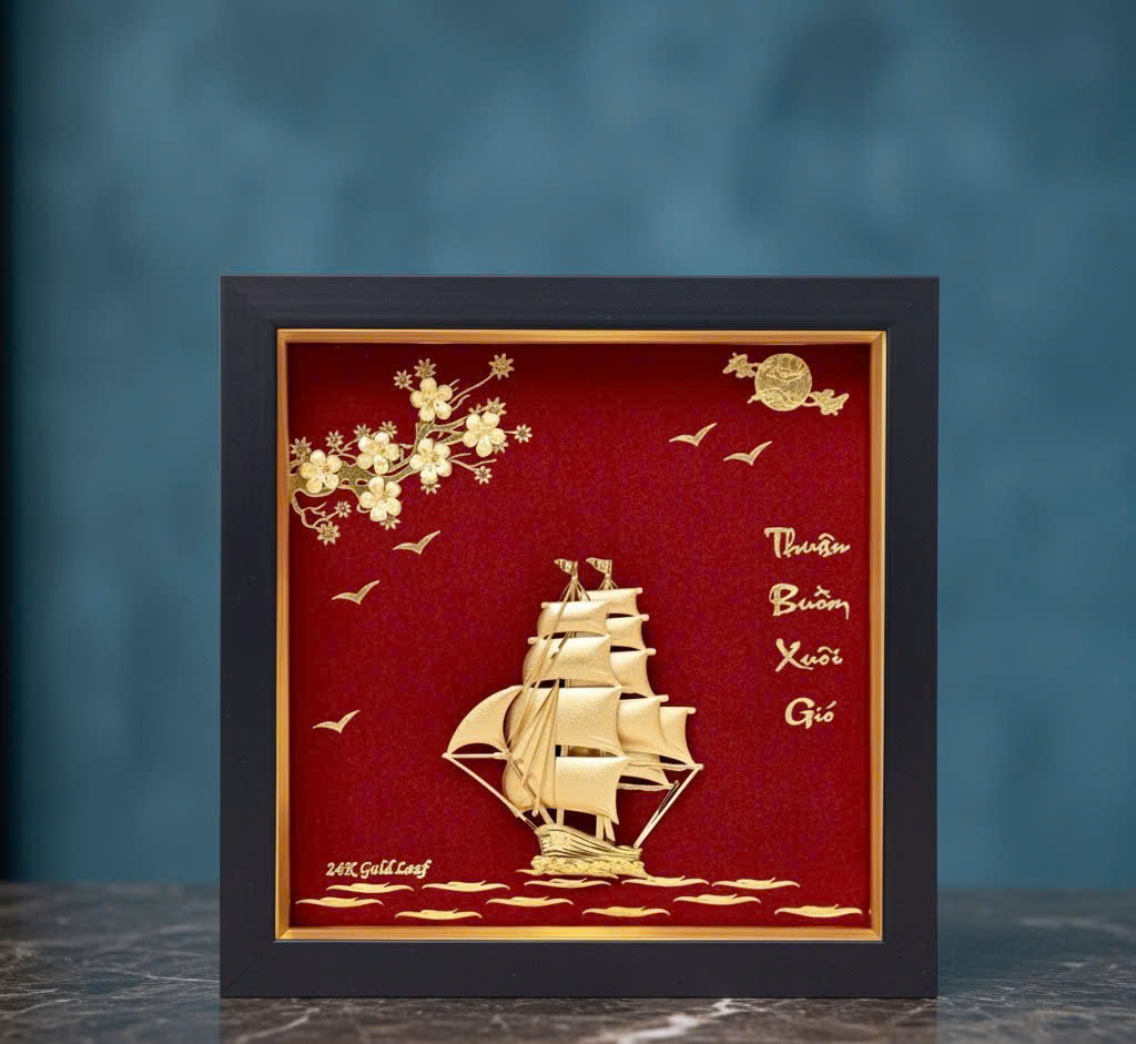 Tranh Thuyền Mạ Vàng 24K – quà Tặng Khai Trương & Tân Gia KT 23CM X 23 CM 