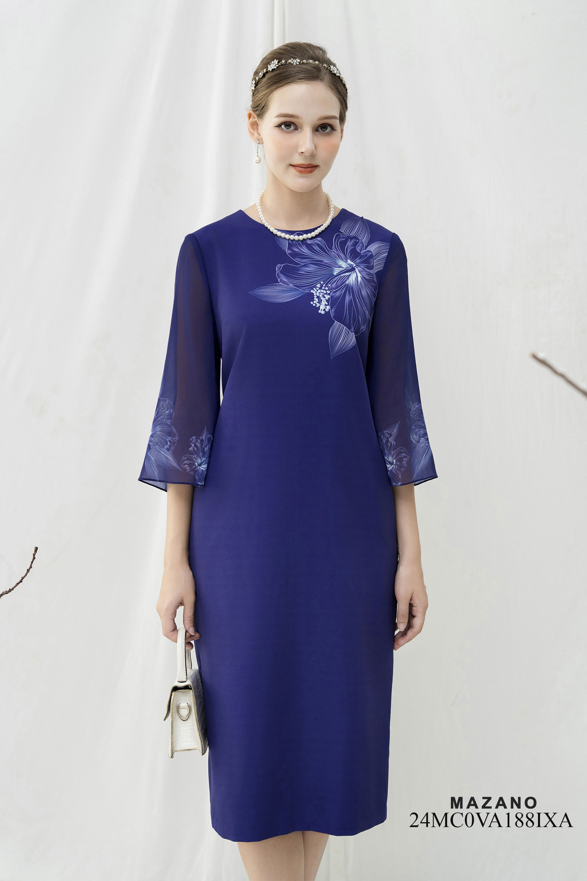 Váy Đầm Suông Vải thô phối Voan Hoạ tiết hoa bố cục  Cổ tròn Tay lỡ Dài đến bắp chân_thumbnail_2