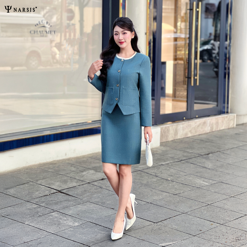 Áo dạ tweed cao cấp Narsis L24024 màu xanh kim tuyến vàng, thiết kế tay dài, đệm vai nhẹ._thumbnail_2