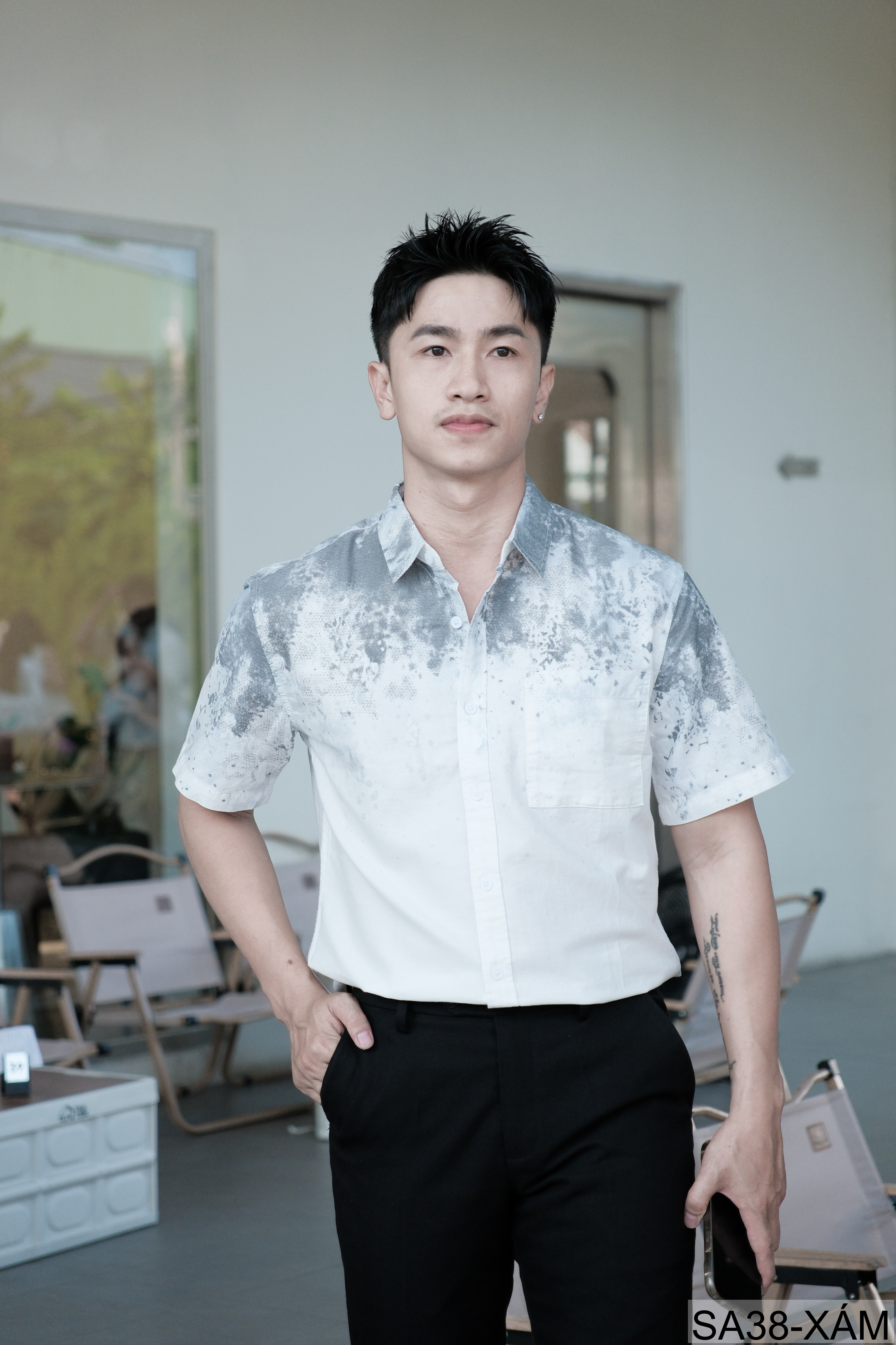 SA38 - Áo sơ mi nam tay ngắn họa tiết loang màu xanh lá và xám, phong cách trẻ trung mùa hè_thumbnail_15